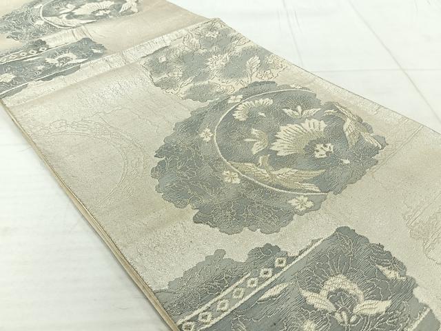 平和屋着物◎六通柄袋帯 花鳥文 銀糸 正絹 逸品 AABC5863uk