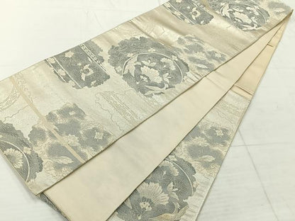 平和屋着物◎六通柄袋帯 花鳥文 銀糸 正絹 逸品 AABC5863uk