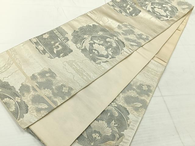 平和屋着物◎六通柄袋帯 花鳥文 銀糸 正絹 逸品 AABC5863uk