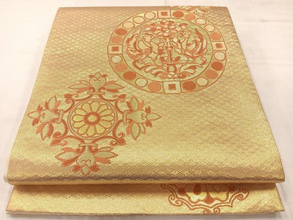 平和屋着物◎太鼓柄袋帯 螺鈿箔 花鳥文 金糸 正絹 逸品 AABC5879uk