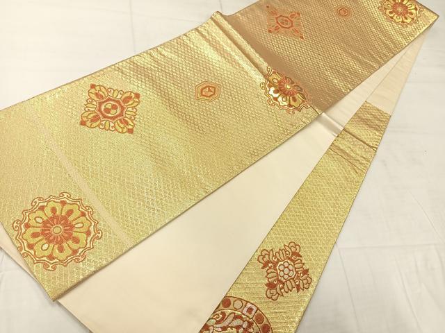 平和屋着物◎太鼓柄袋帯 螺鈿箔 花鳥文 金糸 正絹 逸品 AABC5879uk