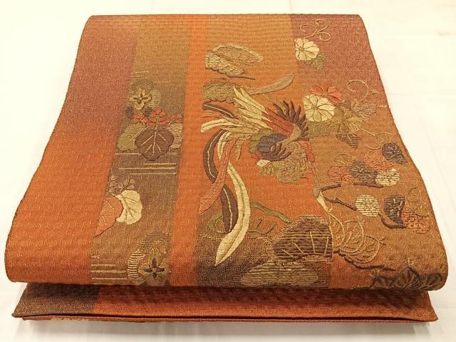 平和屋着物◎太鼓柄袋帯 刺繍 鳳凰花文 金糸 正絹 逸品 AABC5887uk