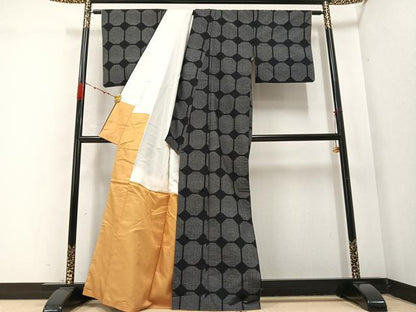 平和屋着物●上質な紬 変わり格子 正絹 逸品 AABC6048ph