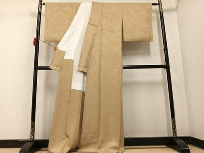 平和屋着物●上質な色無地　人物風景地紋　枯色　さが美扱い　正絹　逸品　AABC6055ph