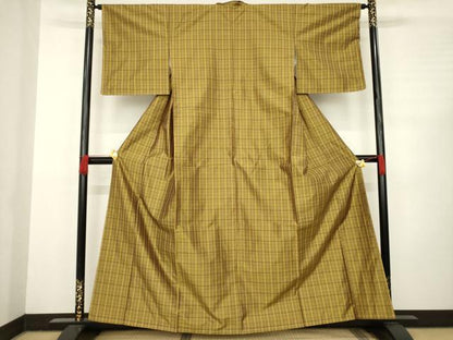 平和屋着物●上質な紬　格子　正絹　逸品　AABC6091ck