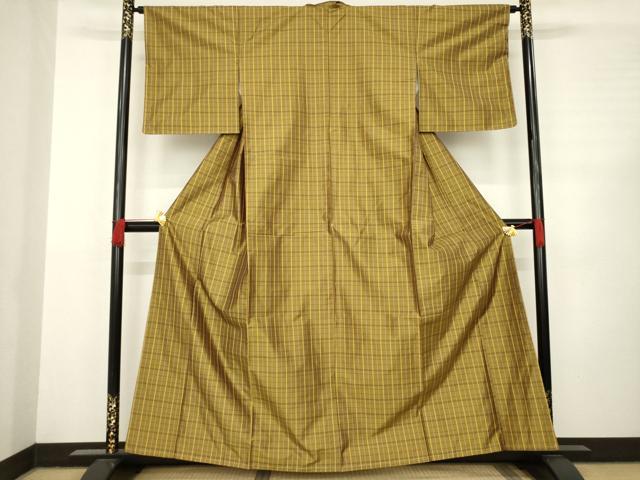 平和屋着物●上質な紬　格子　正絹　逸品　AABC6091ck