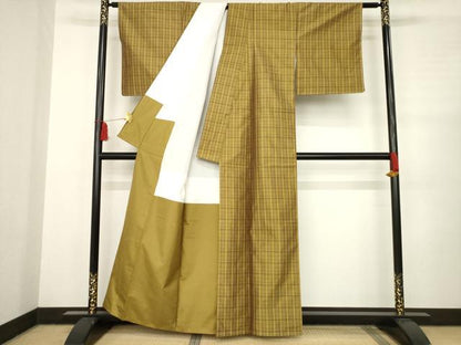 平和屋着物●上質な紬　格子　正絹　逸品　AABC6091ck