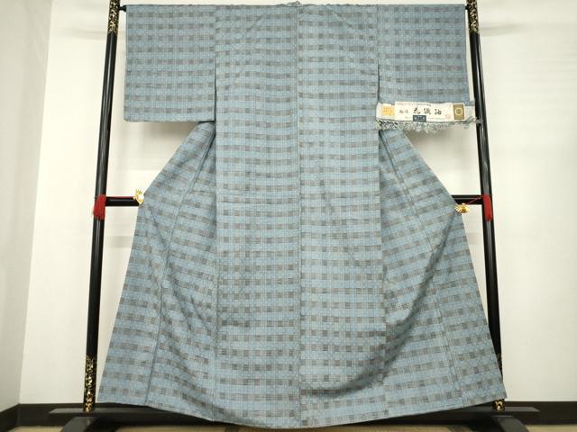 平和屋着物●越後　花織紬　格子　証紙付き　正絹　逸品　AABC6101ck