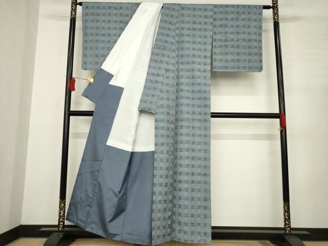 平和屋着物●越後　花織紬　格子　証紙付き　正絹　逸品　AABC6101ck