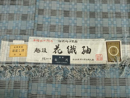 平和屋着物●越後　花織紬　格子　証紙付き　正絹　逸品　AABC6101ck