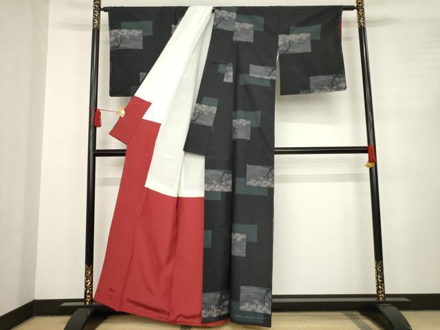 平和屋着物●上質な紬　色紙重ね風景文　黒地　正絹　逸品　AABC6106ck