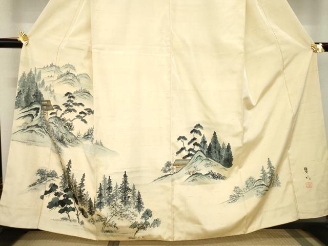 平和屋着物●訪問着　紬地　作家物　遠山風景樹林文　正絹　逸品　AABC6108ck