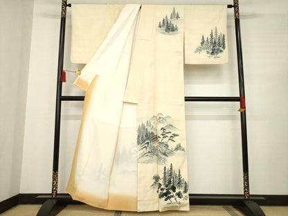 平和屋着物●訪問着　紬地　作家物　遠山風景樹林文　正絹　逸品　AABC6108ck