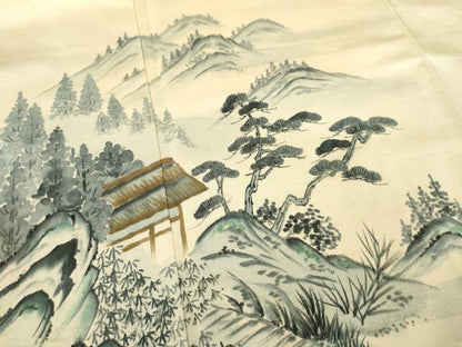 平和屋着物●訪問着　紬地　作家物　遠山風景樹林文　正絹　逸品　AABC6108ck