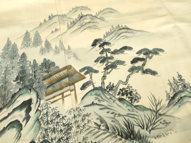 平和屋着物●訪問着　紬地　作家物　遠山風景樹林文　正絹　逸品　AABC6108ck