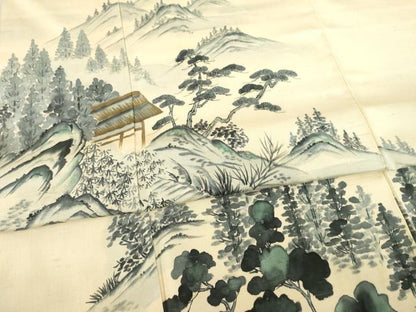 平和屋着物●訪問着　紬地　作家物　遠山風景樹林文　正絹　逸品　AABC6108ck