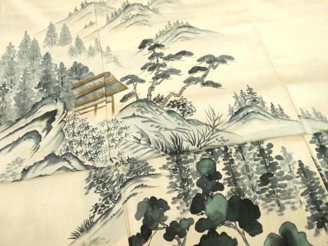 平和屋着物●訪問着　紬地　作家物　遠山風景樹林文　正絹　逸品　AABC6108ck