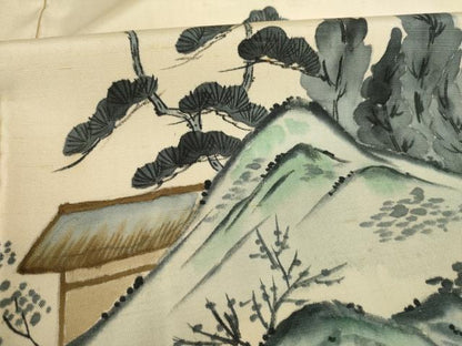 平和屋着物●訪問着　紬地　作家物　遠山風景樹林文　正絹　逸品　AABC6108ck