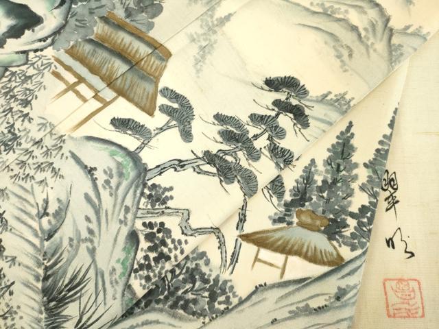 平和屋着物●訪問着　紬地　作家物　遠山風景樹林文　正絹　逸品　AABC6108ck