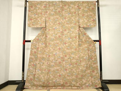 平和屋着物●上質な小紋　辻が花　枝花文　松　鬼しぼ縮緬　正絹　逸品　AABC6149ck