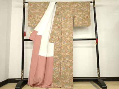 平和屋着物●上質な小紋　辻が花　枝花文　松　鬼しぼ縮緬　正絹　逸品　AABC6149ck