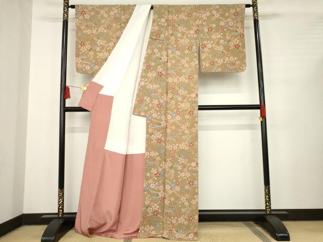 平和屋着物●上質な小紋　辻が花　枝花文　松　鬼しぼ縮緬　正絹　逸品　AABC6149ck