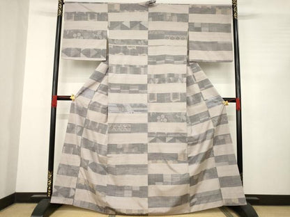 平和屋着物●上質な紬 横段花文 正絹 逸品 AABC6159ck