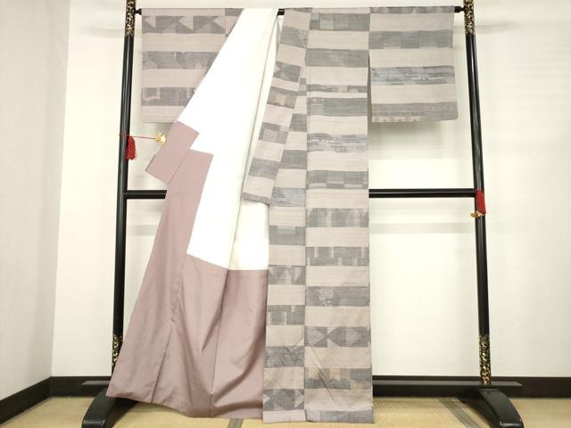平和屋着物●上質な紬 横段花文 正絹 逸品 AABC6159ck