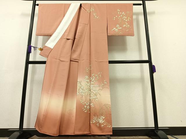 平和屋着物▽訪問着 単衣 駒刺繍 松竹梅文 暈し染め 金糸 金銀彩 正絹 逸品 AABC6166jh