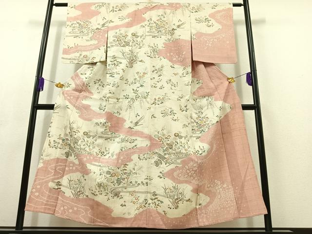 平和屋着物▽染織の名門 しょうざん 生紬 訪問着 単衣 絞り 流水花文 正絹 逸品 AABC6168jh