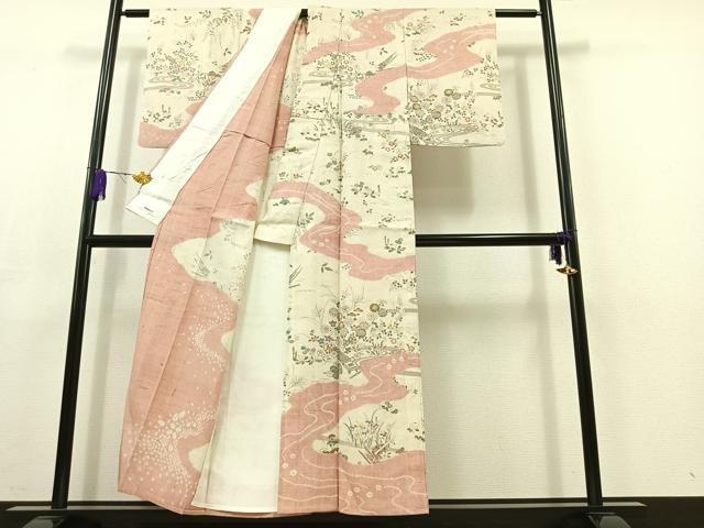 平和屋着物▽染織の名門 しょうざん 生紬 訪問着 単衣 絞り 流水花文 正絹 逸品 AABC6168jh