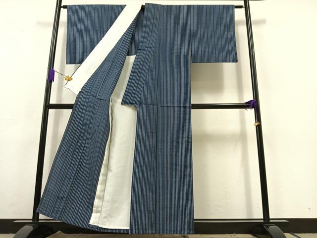 平和屋着物▽上質な紬　単衣　縞　正絹　逸品　AABC6169jh