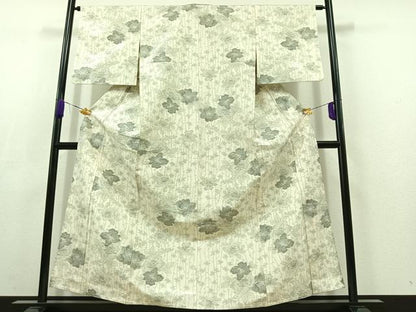平和屋着物▽上質な紬　単衣　草花文　正絹　逸品　AABC6172jh