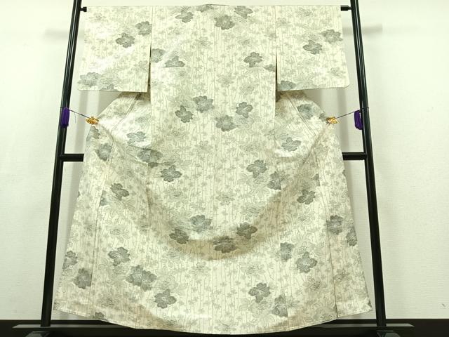 平和屋着物▽上質な紬　単衣　草花文　正絹　逸品　AABC6172jh