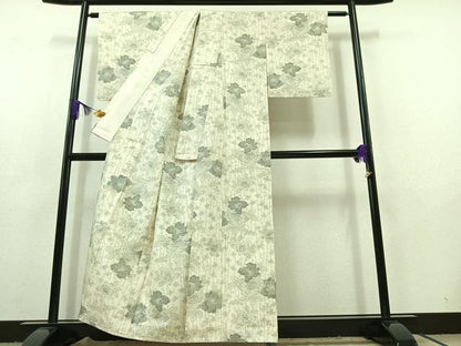 平和屋着物▽上質な紬　単衣　草花文　正絹　逸品　AABC6172jh