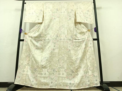 平和屋着物▽上質な小紋 単衣 吉祥花文 金銀彩 正絹 逸品 AABC6178jh