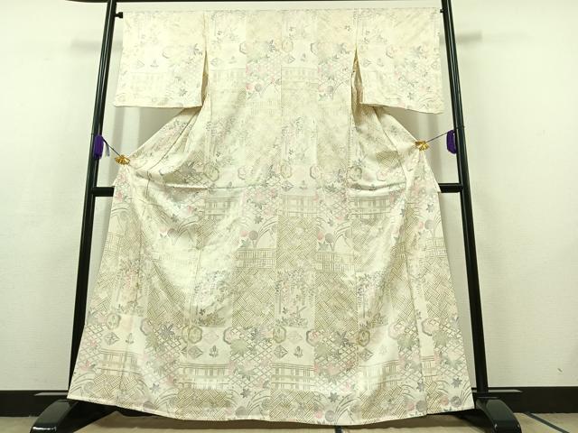 平和屋着物▽上質な小紋 単衣 吉祥花文 金銀彩 正絹 逸品 AABC6178jh