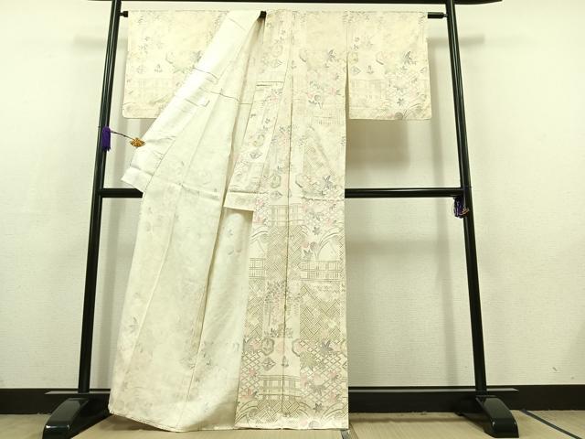 平和屋着物▽上質な小紋 単衣 吉祥花文 金銀彩 正絹 逸品 AABC6178jh