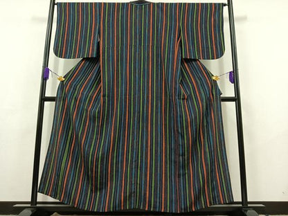 平和屋着物▽上質な小紋　単衣　縞　鬼しぼ縮緬　正絹　逸品　AABC6190jh