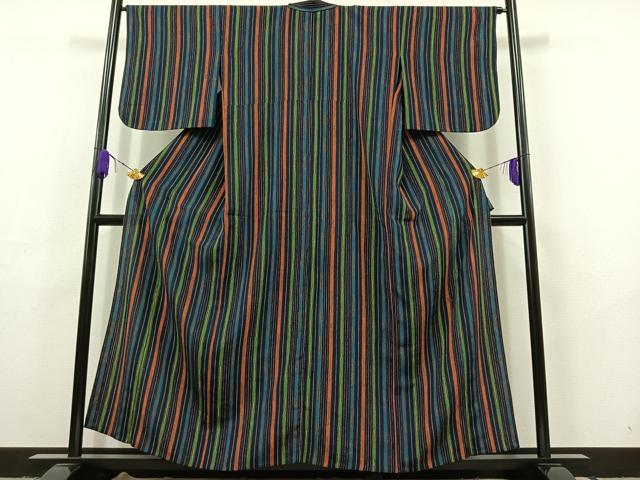 平和屋着物▽上質な小紋　単衣　縞　鬼しぼ縮緬　正絹　逸品　AABC6190jh