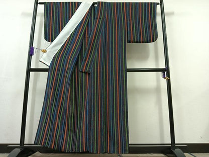 平和屋着物▽上質な小紋　単衣　縞　鬼しぼ縮緬　正絹　逸品　AABC6190jh