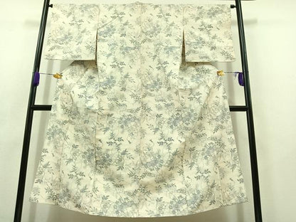 平和屋着物▽上質な紬　単衣　草花文　正絹　逸品　AABC6193jh