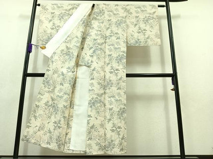 平和屋着物▽上質な紬　単衣　草花文　正絹　逸品　AABC6193jh