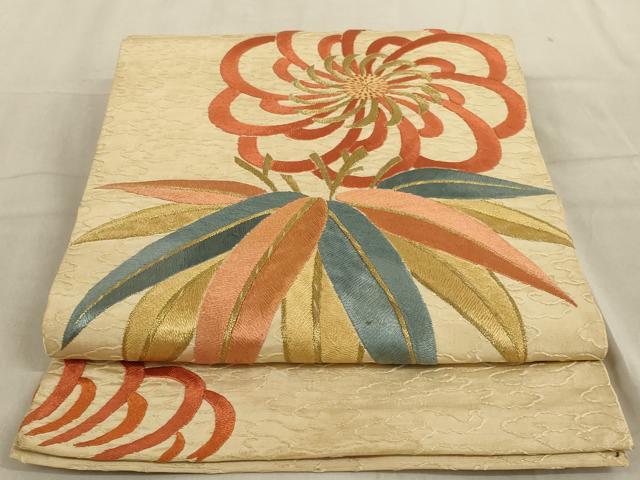 平和屋着物◎太鼓柄袋帯　唐織　草花文　正絹　逸品　AABC6206ou