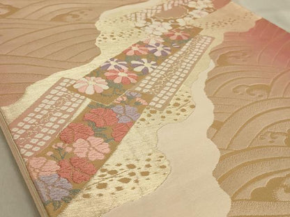 平和屋着物◎六通柄袋帯 唐織 道長花文 金糸 正絹 逸品 AABC6216ou