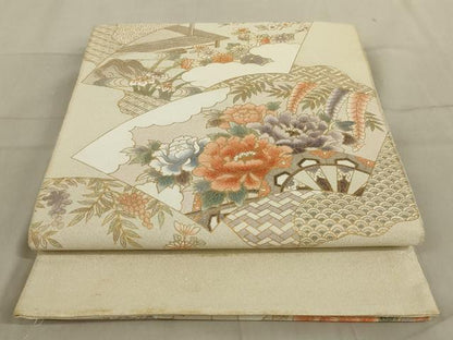平和屋着物◎太鼓柄袋帯　地紙花文　金彩　銀糸　正絹　逸品　AABC6226ou