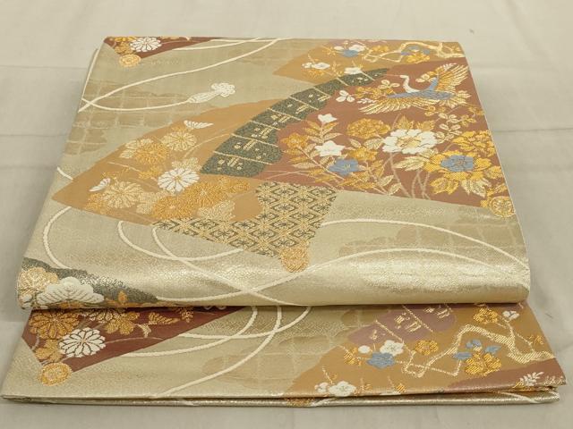 平和屋着物◎六通柄袋帯　扇面花鳥文　本うるし箔　正絹　逸品　AABC6235ou