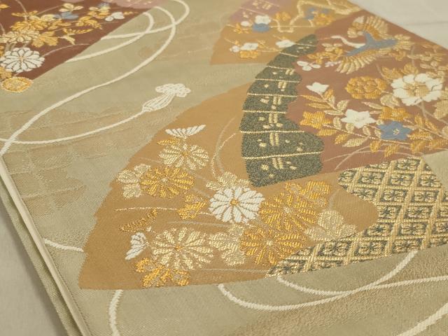 平和屋着物◎六通柄袋帯　扇面花鳥文　本うるし箔　正絹　逸品　AABC6235ou