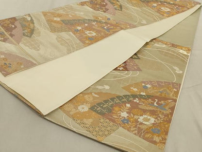 平和屋着物◎六通柄袋帯　扇面花鳥文　本うるし箔　正絹　逸品　AABC6235ou
