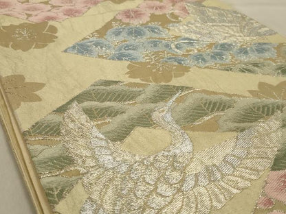 平和屋着物◎六通柄袋帯　花鳥文　銀糸　正絹　逸品　AABC6238ou